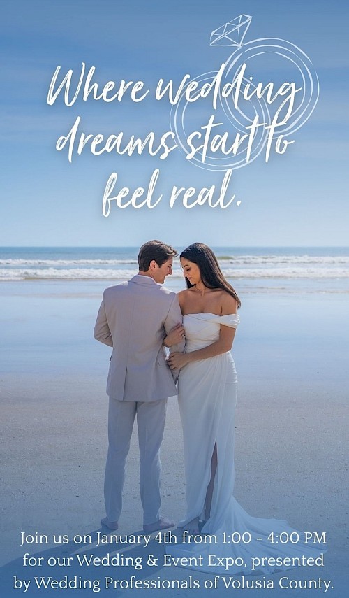 “Where wedding dreams start to feel real.” A couple in wedding attire on the beach with a light, handwritten quote overlay and event details at the bottom.