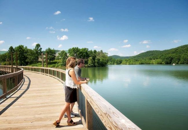 Two people stand on a wooden boardwalk overlooking a calm lake, surrounded by lush green trees and hills on a sunny day.