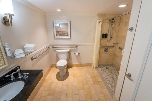 This is a bathroom featuring a toilet, shower with grab bars, a sink with a mirror, and towels.