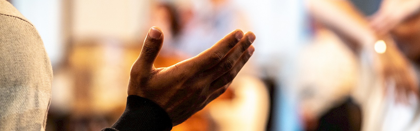 A person with a striped sleeve raises a hand in a room with blurred figures, suggesting they are speaking or signaling during a gathering.