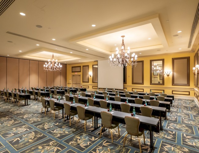 The image shows a conference room with rows of chairs facing a screen, chandeliers, and patterned carpet, set for a meeting or event.