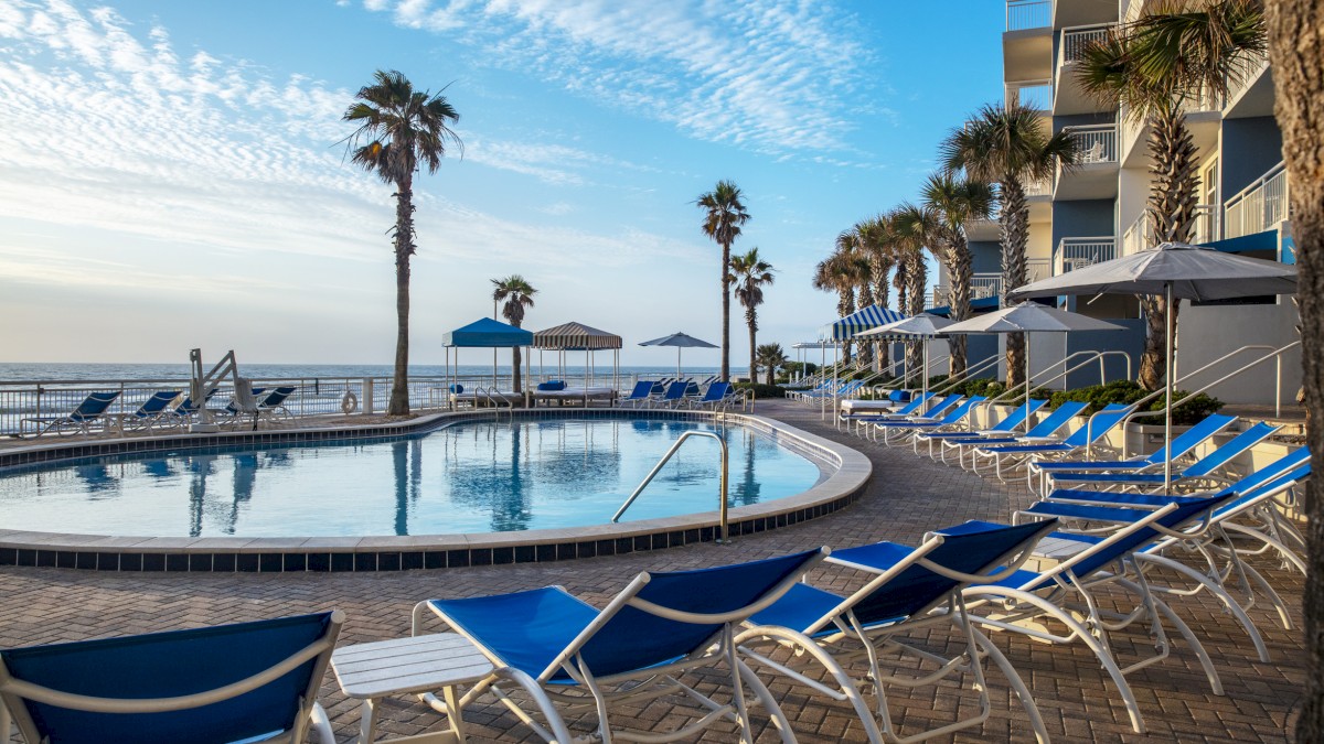 A scenic beachfront pool area with blue lounge chairs, palm trees, and umbrellas, overlooking the ocean on a sunny day.