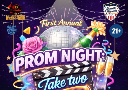 A colorful prom night event poster with a disco ball, champagne, flowers, and celebration graphics, titled 