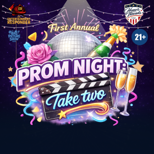 A colorful prom night event poster with a disco ball, champagne, flowers, and celebration graphics, titled 