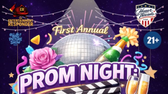 A colorful prom night event poster with a disco ball, champagne, flowers, and celebration graphics, titled 