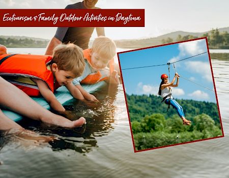 Children in life vests play by the water, and a person zip-lining is shown in an inset image. 