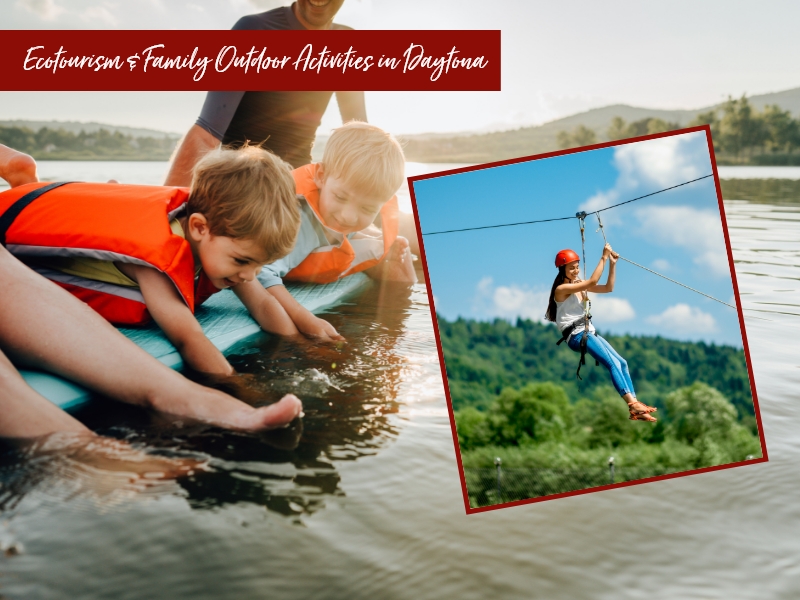 Children in life vests play by the water, and a person zip-lining is shown in an inset image. 