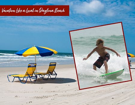 The image shows a beach with two chairs and an umbrella, with an inset picture of a kid surfing. Text reads 