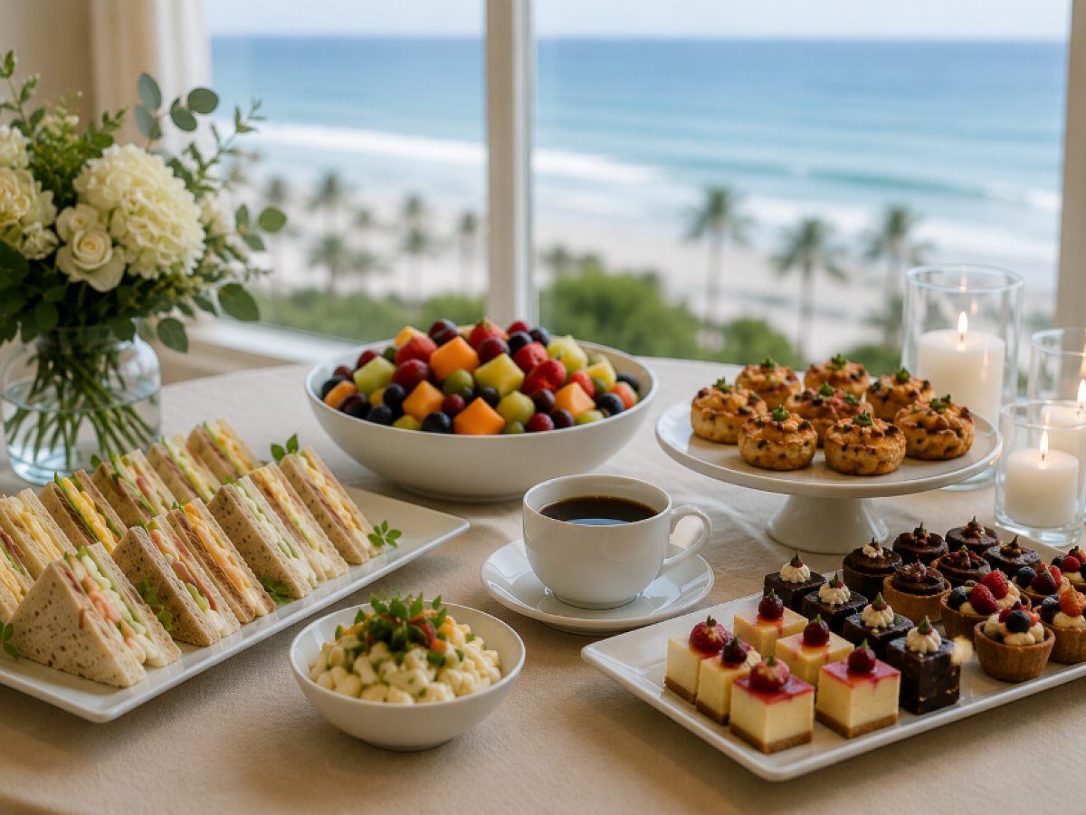 A luxurious breakfast spread with sandwiches, cakes, fruit, coffee, and candles overlooking a beach and ocean view.