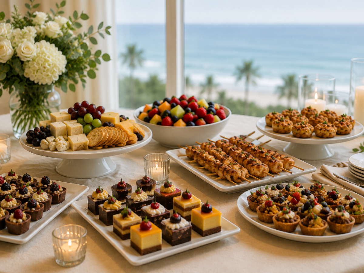 A luxurious outdoor brunch spread with fruit, pastries, skewers, cupcakes, and a scenic beach view in the background.