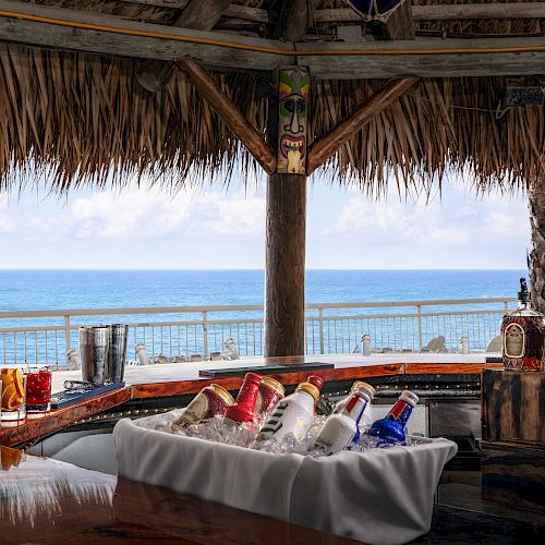 A tropical bar with various drinks, spirits, and beers on ice, overlooking a scenic ocean view under a thatched roof.