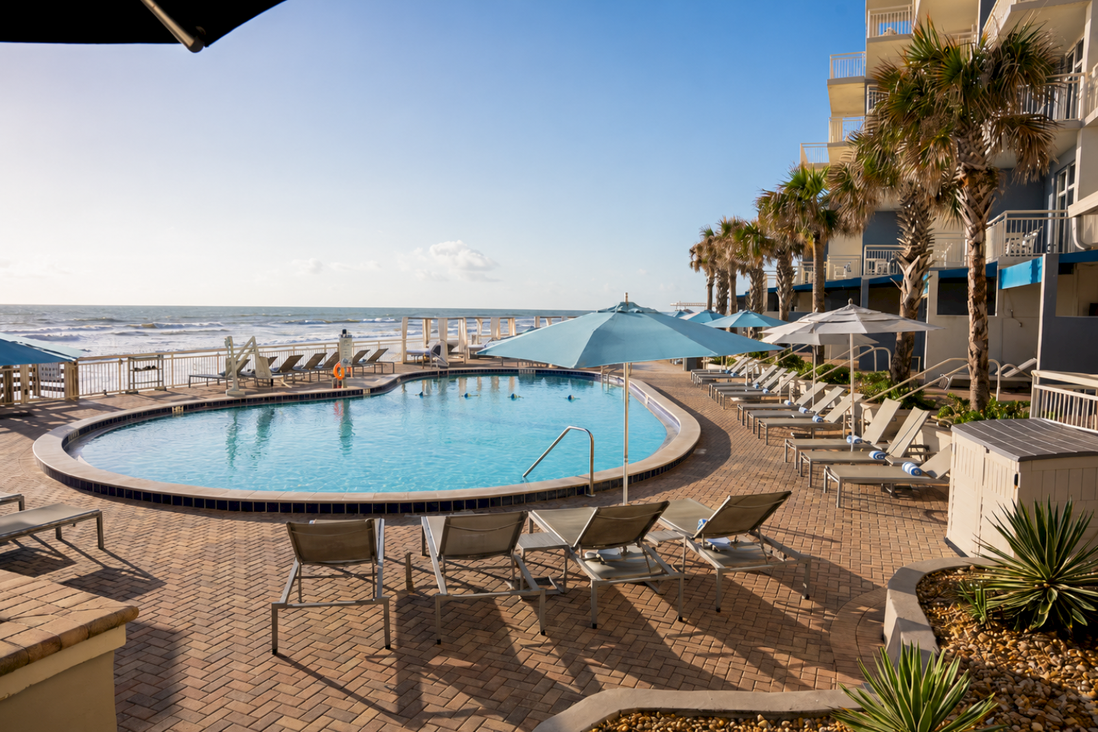 A serene pool area with lounge chairs, umbrellas, and palm trees, overlooking the ocean on a sunny day at a beachside resort.