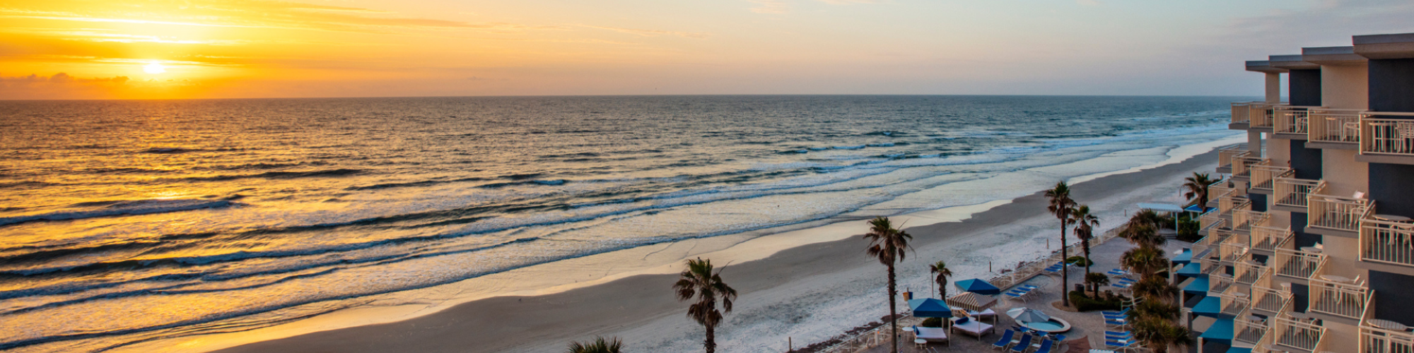 A beautiful beach scene at sunrise with gentle waves, a sandy shoreline, palm trees, and a swimming pool next to a multi-story building ending the sentence.