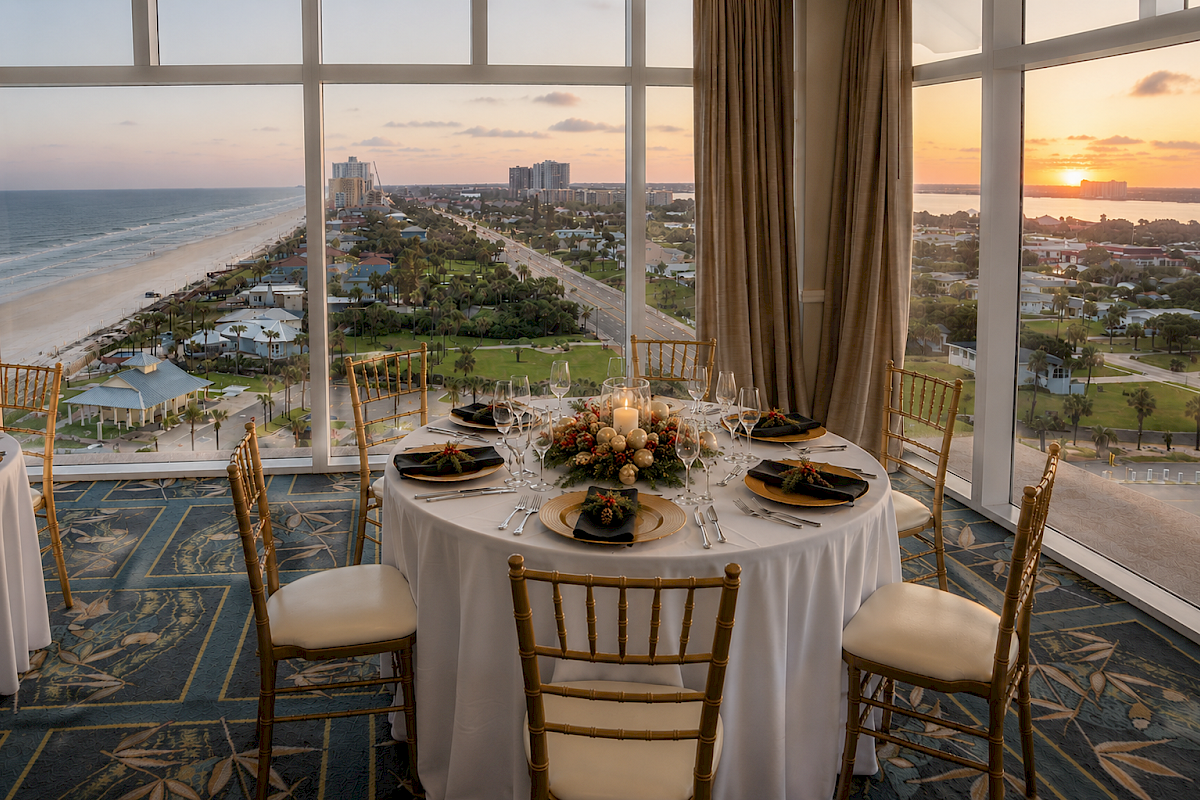 A beautifully set dining table with six chairs and a festive centerpiece inside a high-rise room overlooking a sunset over a coastal cityscape.