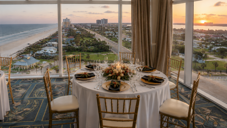 A beautifully set dining table with six chairs and a festive centerpiece inside a high-rise room overlooking a sunset over a coastal cityscape.