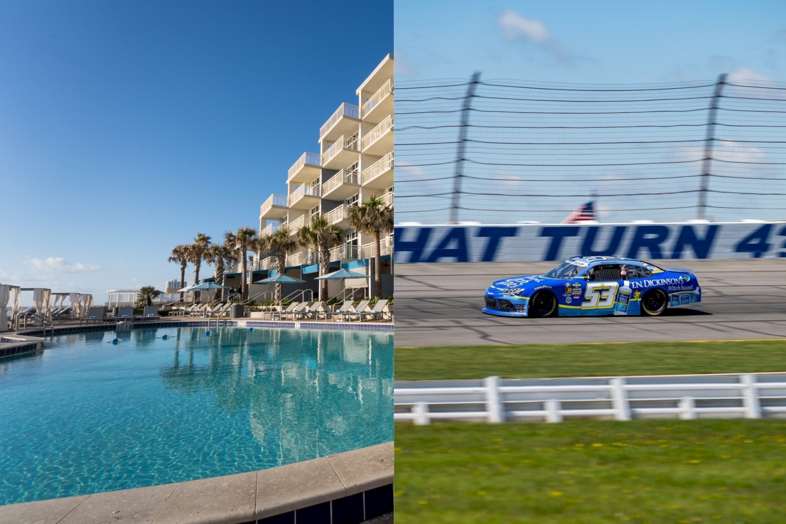 A luxurious poolside hotel scene on the left and a blue race car on a track on the right.