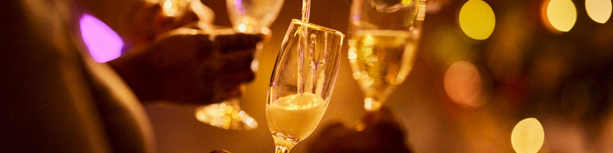 People toasting with champagne glasses in a festive setting, with bokeh lights in the background.