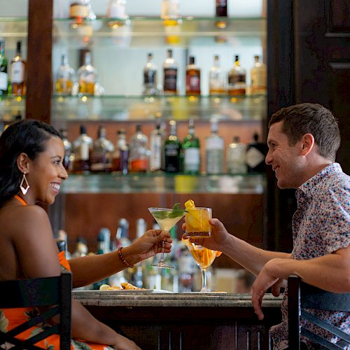 Two people are sitting at a bar, smiling and toasting with cocktails. Bottles of liquor are displayed on shelves behind the bar.