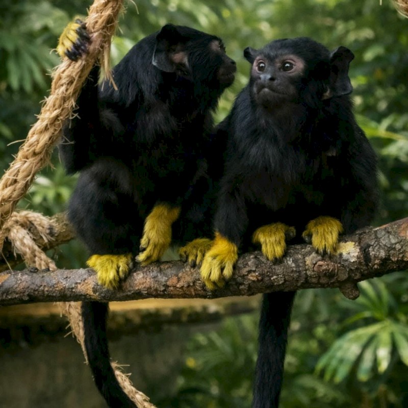 Two black tamarins with yellow hands are sitting on a tree branch in a lush green forest.