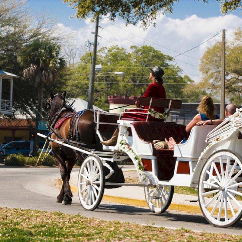 A horse-drawn carriage with passengers is riding through a small town during daylight with colorful houses and trees in the background.