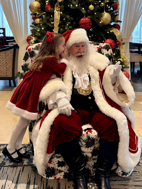 A young girl whispers to Santa Claus as he sits in a decorated armchair by a Christmas tree, sharing a festive moment.