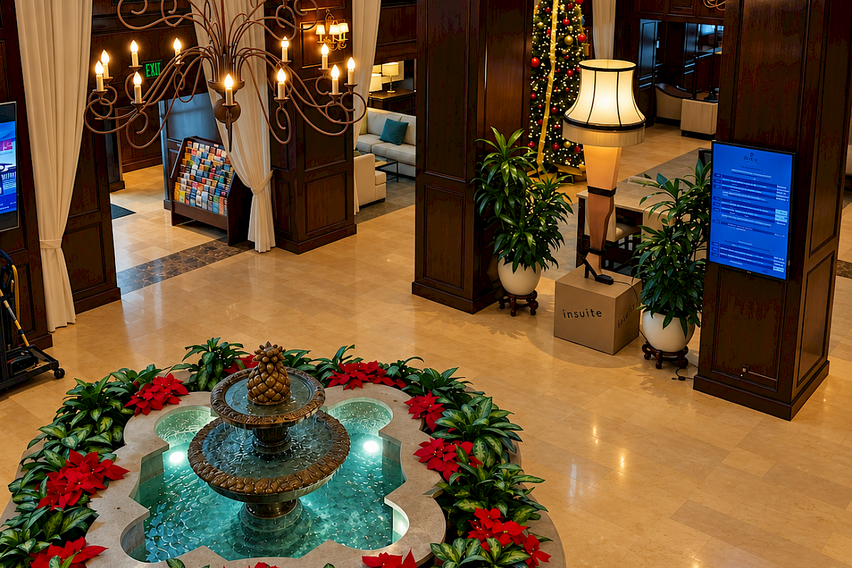 The image shows a luxurious hotel lobby decorated for Christmas with a Christmas tree, poinsettias, and elegant interior lighting.