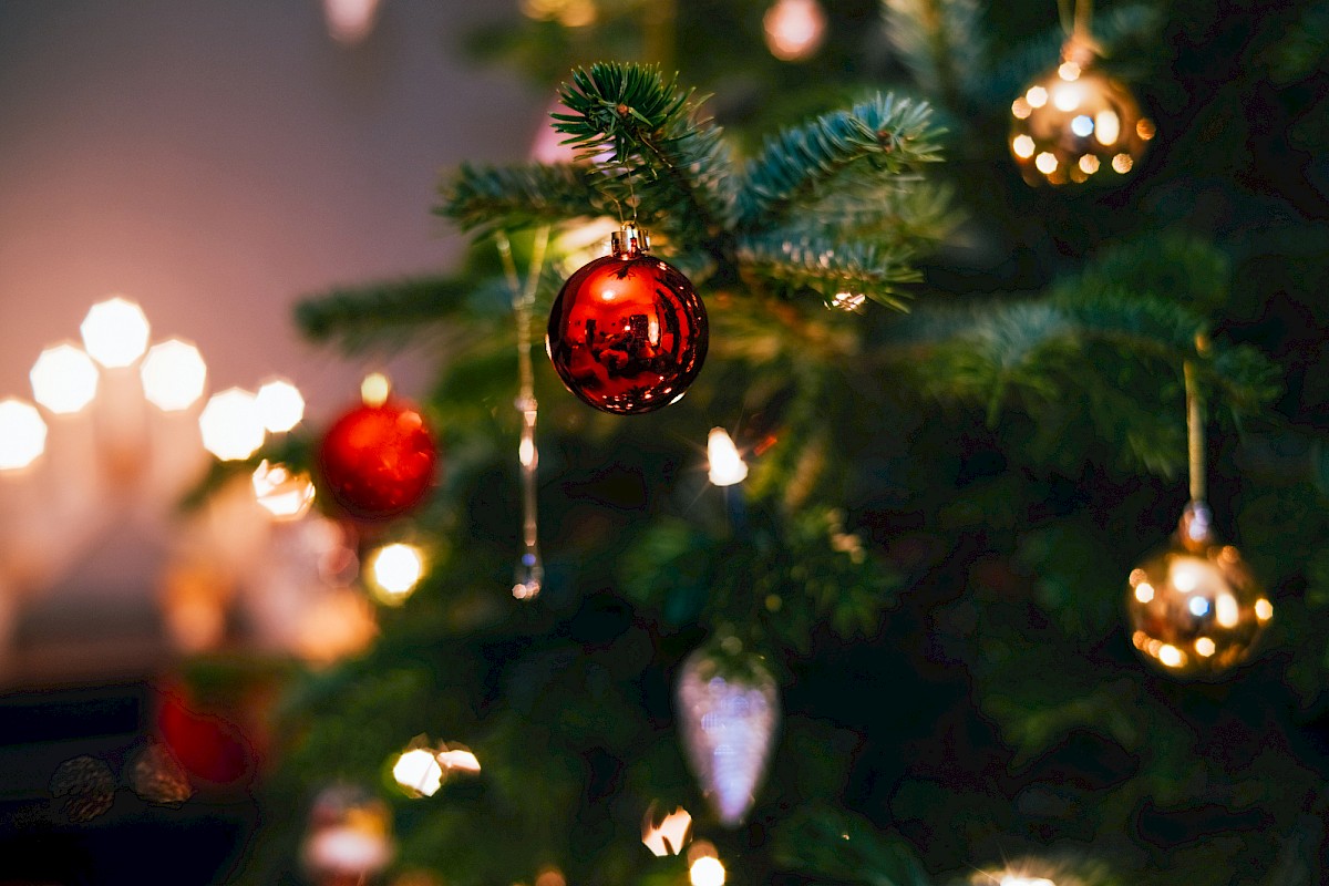 A decorated Christmas tree with shiny red and gold baubles and warm glowing lights.