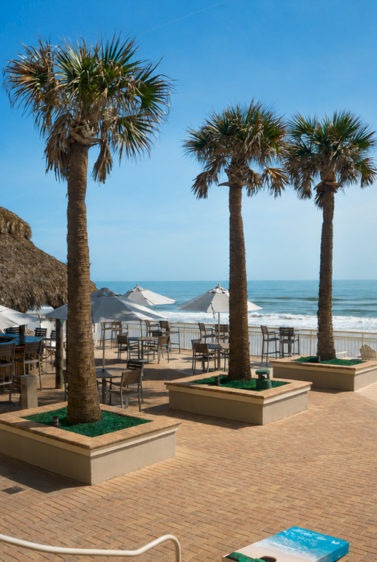 A peaceful beach scene with palm trees, outdoor seating, a thatched hut, and the ocean in the background on a sunny day.