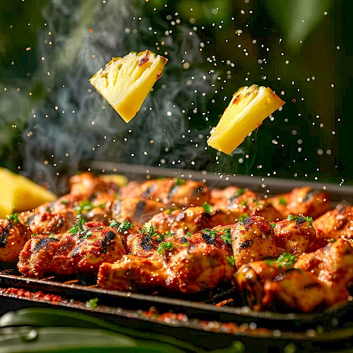 Grilled chicken skewers garnished with herbs, and two pieces of pineapple being sprinkled over the grill, with a smoky background.