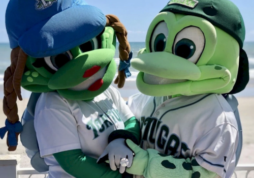 Two green frog mascots in baseball uniforms are holding hands on a beach.