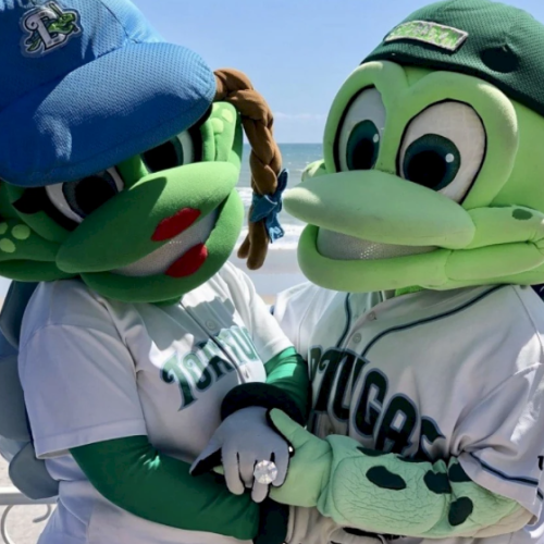 Two green frog mascots in baseball uniforms are holding hands on a beach.