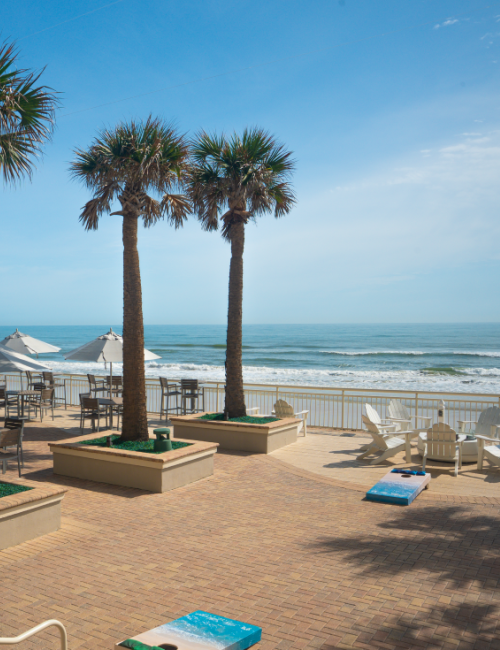 A sunny beachside scene with palm trees, shaded seating, a tiki hut, and ocean waves in the background.
