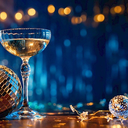 The image shows a champagne glass and disco balls on a festive table with blurred lights in the background, creating a party atmosphere.