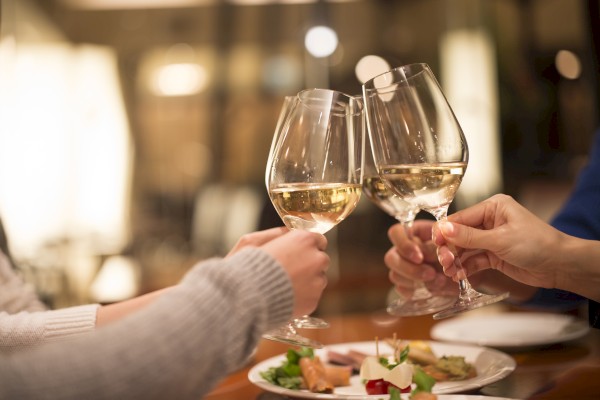 Two people clink wine glasses over plates of food, suggesting a celebration or social gathering in a cozy setting.