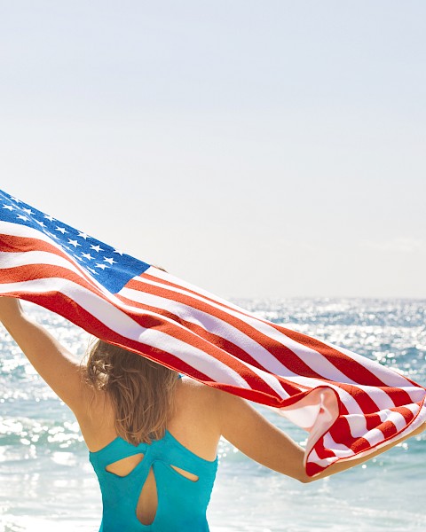 A person at the beach holds a U.S. flag in the sunlight, facing the ocean waves.