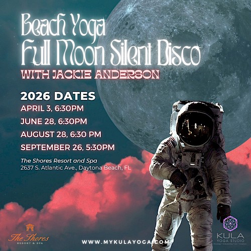 A cosmic beach yoga event poster: “Beach Yoga, Full Moon Silent Disco” with Jackie Anderson, 2026 dates, and resort venue details.