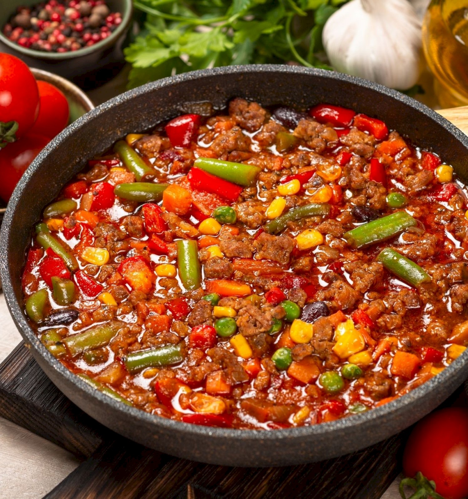 A skillet of beef stew with mixed vegetables, surrounded by fresh cherry tomatoes, garlic, herbs, olive oil, and spices.