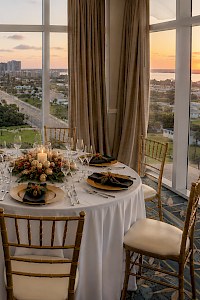 A beautifully set round dining table with elegant black napkins and gold plates, overlooking a sunset view from a high-rise with beach and cityscape.