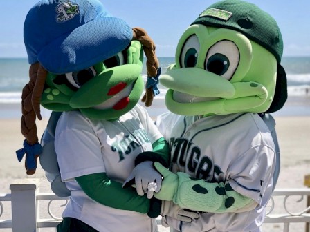 Two green turtle mascots wearing baseball uniforms and caps stand together on a sunny beach, holding hands and smiling toward the camera. The ocean waves and blue sky create a cheerful, coastal backdrop.