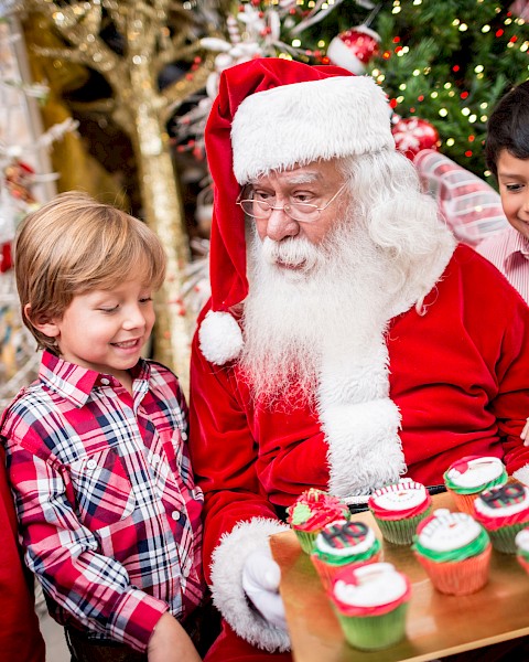 Santa Claus shows kids decorated Christmas cupcakes at a festive holiday gathering.