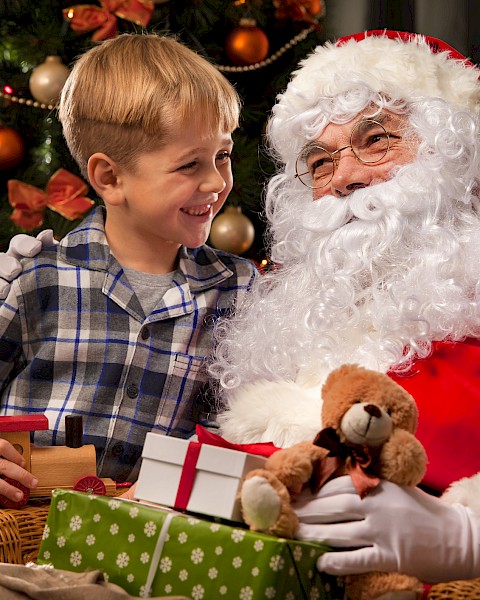 A young boy smiles while sitting beside Santa Claus, who is holding a teddy bear and wrapped presents. A decorated Christmas tree with warm lights and ornaments glows softly in the background, capturing a joyful holiday moment.