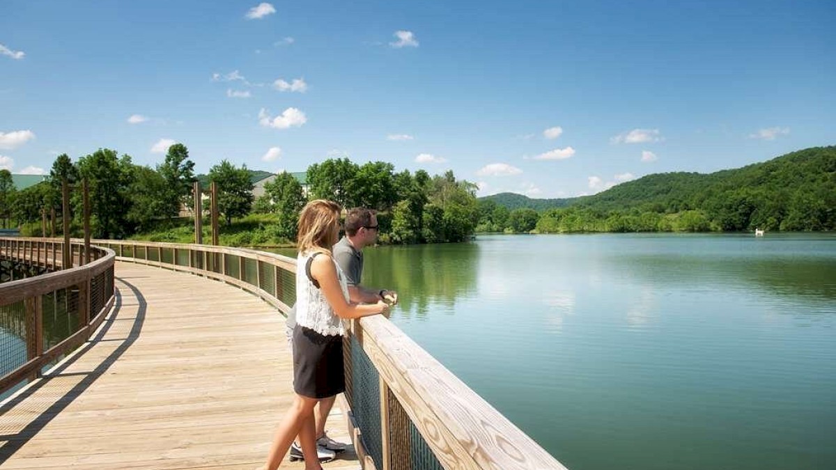 A couple stands on a wooden boardwalk overlooking a serene lake, surrounded by lush green hills and blue sky with scattered clouds.